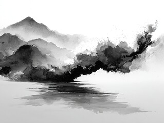 Abstract Chinese ink painting depicts black ink swirling in water, creating a dreamlike and ethereal landscape through expressive brushstrokes, negative space, and monochrome art.