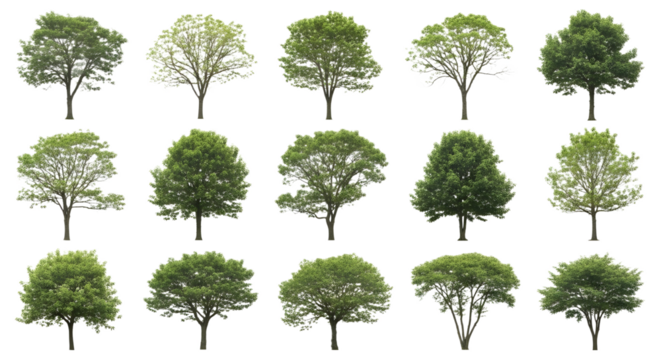 Fifteen green trees isolated on transparent background