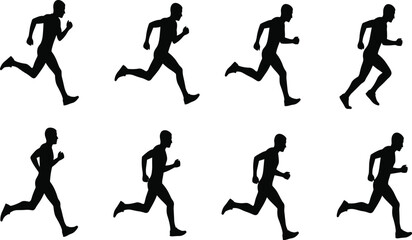 Running silhouette sequence illustration, athlete stride motion vector, human locomotion design, sports biomechanics study, physical education training template, dynamic exercise graphic