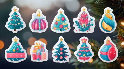 Illustrated Christmas sticker set with seasonal color and joy