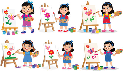 Cute cartoon girl painting colorful picture on easel with brush and palette, creative child artist drawing sun butterfly flower artwork
