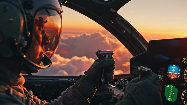 Pilot is flying a fighter jet through the sky during a vibrant sunset, controlling the aircraft from the cockpit with a joystick over a beautiful cloudscape