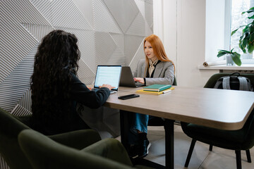 Two colleagues work on laptops during a focused business meeting in a bright, contemporary office.