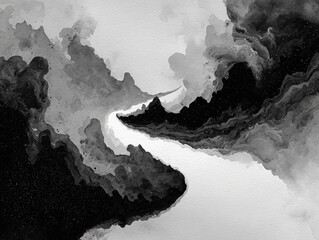 Abstract Chinese ink painting depicts black ink swirling in water, creating a dreamlike and ethereal landscape through expressive brushstrokes, negative space, and monochrome art.