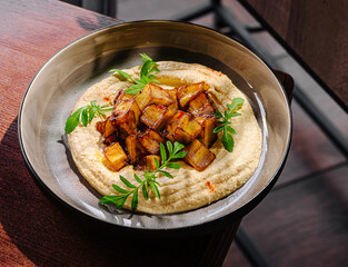 Delicious roasted vegetables on creamy hummus served in modern setting