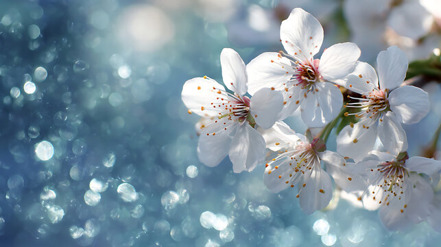 Delicate white blossoms with golden stamens on a shimmering blue background white flowers cherry blossoms