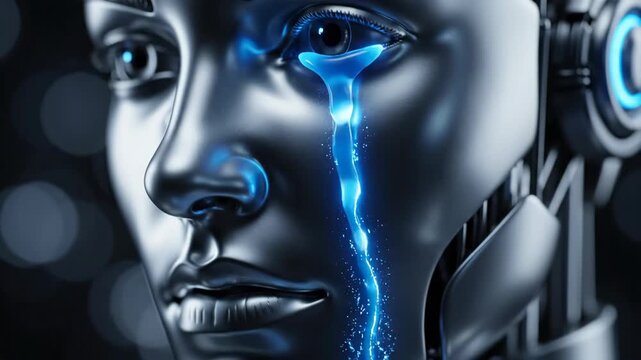 Humanoid robot displaying an emotional state with a glowing blue tear falling from its eye, representing artificial intelligence and the future of technology expressing feelings