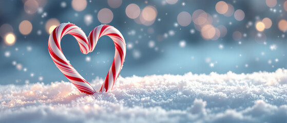 Candy cane in the shape of a heart on snow with winter bokeh background  