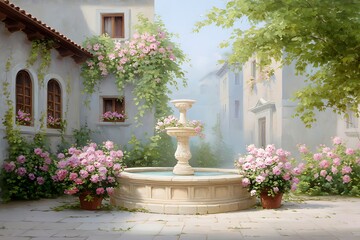 Fototapeta premium Stone fountain in a peaceful, classic garden with flowers