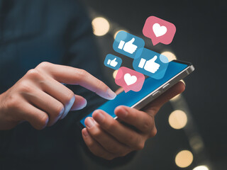 Person using a smartphone for social media engagement showing like and heart icons representing online interaction and digital communication