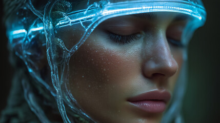 Woman wearing futuristic glasses with advanced technology. Life of the future. Glasses with artificial intelligence. AI concept