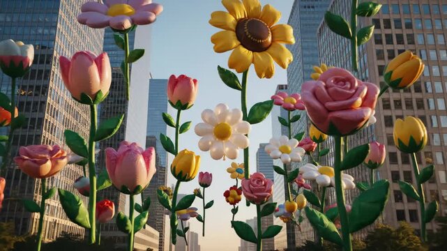 Giant white and yellow daisy balloon floating high above a city street during a festive parade, celebrating happiness and vibrant urban events with a cheerful atmosphere