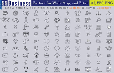 Professional business and corporate icon collection in modern flat vector style. Perfect for presentations, websites, apps, infographics, and branding projects