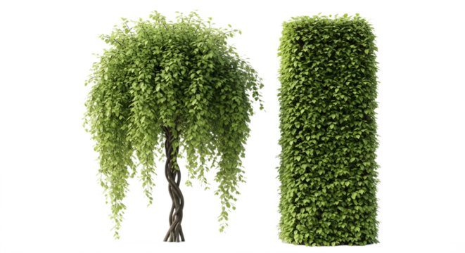 A weeping tree and a rectangular bush on transparent background