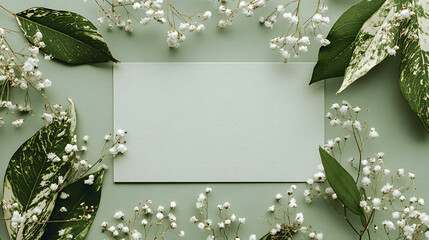 Delicate white flowers and variegated leaves frame a pale green card flat lay baby's breath