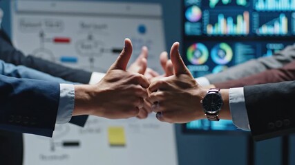 Business people's hands giving thumbs up gestures in a modern office meeting room, signifying agreement, success, and positive results from data analysis displayed on screens - Powered by Adobe