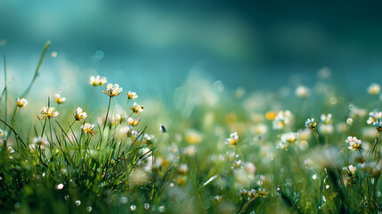 Delicate white wildflowers bloom in lush green grass with soft blue background white flowers dew drops