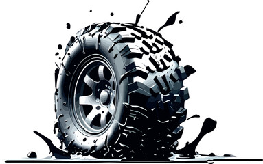Off-Road Tire Splash Vector with Mud, Rugged Tread Detail, Dynamic Motion, 4x4 Adventure Illustration