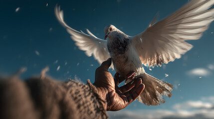 White Dove Landing on Hand Against Clear Blue Sky