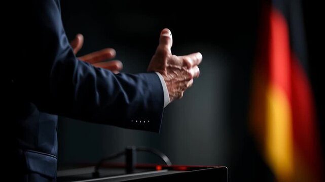 German politician giving a speech and the German Flag in the background.