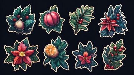 Set of joyful stickers with seasonal holiday decorations