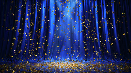 Dramatic blue stage curtain with falling gold confetti image