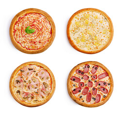 Delicious variety of four pizzas with different toppings on a white background