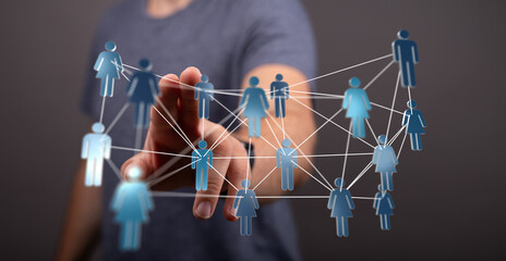 Abstract image of a person touching a human network representing connection and communication in...