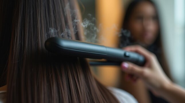 Una plancha sujeta una larga secci&oacute;n de cabello femenino oscuro y brillante