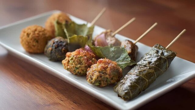 A beautifully arranged white rectangular plate showcases a diverse selection of gourmet appetizers, perfect for a refined dining experience. The delectable assortment includes golden-brown fried bites - Powered by Adobe
