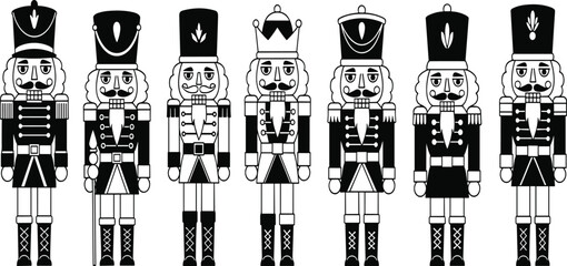 Traditional nutcracker figures collection, holiday decoration soldiers, festive Christmas toy display, colorful wooden figurines, cultural folklore characters, ornamental seasonal celebration design