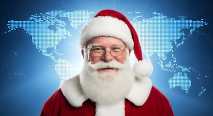 Santa Claus smiling in front of a glowing world map