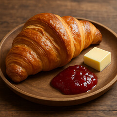 Realistic croissant with butter and jam on wooden plate