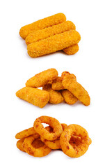 Various types of crispy snacks arranged on a plain background