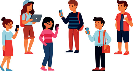 Young people using smartphones and devices, diverse students standing and interacting in modern flat vector