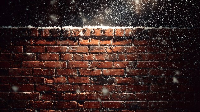 Winter scene close up, old brick wall covered with snow and ice on a cold day