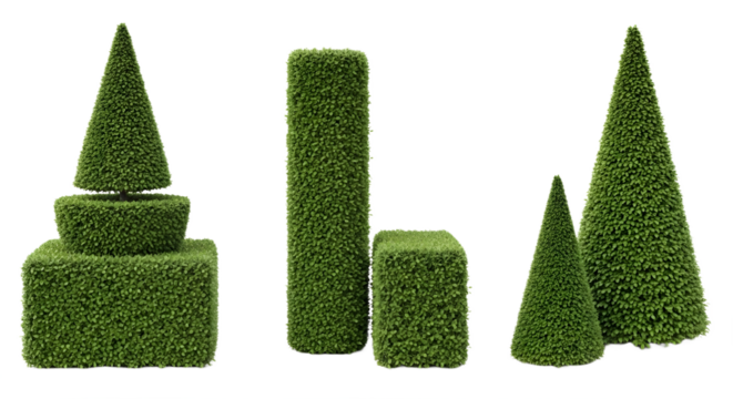 A group of topiary plants on transparent background