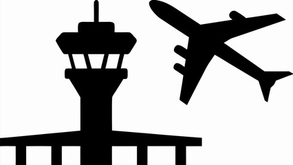 Stylish airport control tower with plane taking off conveys travel and adventure vector design icon