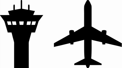 Airport control tower and airplane silhouette, commercial aviation, travel industry, scalable vector
