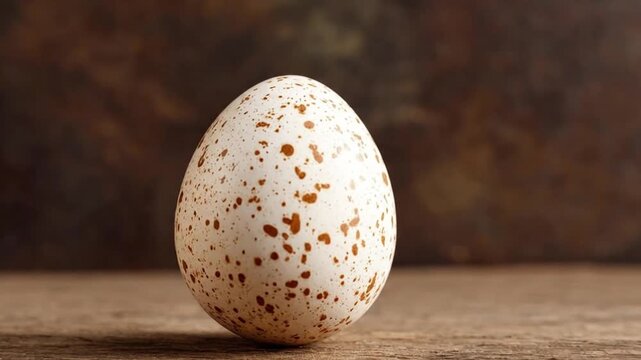 A beautifully detailed, speckled egg rests elegantly on a rustic wooden surface, set against a softly blurred, earthy brown background. The pristine white shell, adorned with intricate brown spots, hi