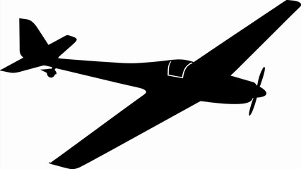 Sleek black silhouette of a vintage propeller airplane in flight, showcasing its aerodynamic design.