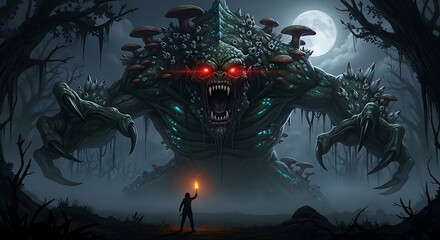 Confrontation in the Swamp - A Lone Figure Faces a Monstrous Creature.