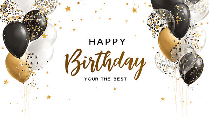 Elegant birthday celebration with black gold and white balloons and confetti image
