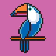 Obraz premium A retro pixel art of toucan perched on a branch. Capturing the exotic bird with its signature large, colorful beak. A perfect symbol for tropical, jungle, and wildlife themes