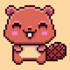 A kawaii retro pixel art beaver character. This cute 8-bit rodent features big, sparkling eyes, buck teeth, and a textured tail, making it a perfect mascot or character sprite