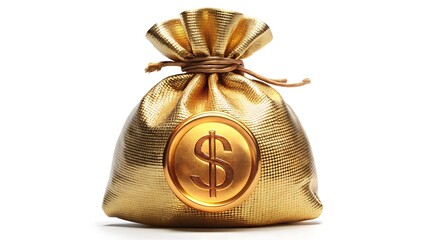 Golden money bag with dollar sign symbol on white background