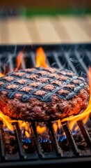 Grilled Burger Patty on Flaming Grill - Delicious BBQ Feast.
