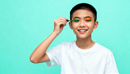 Happy young asian person applying vibrant green and orange eyeshadow. Concept of gender fluidity, self-expression and modern beauty with copy space