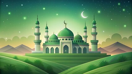Beautiful islamic mosque with green domes and minarets under a starry night sky