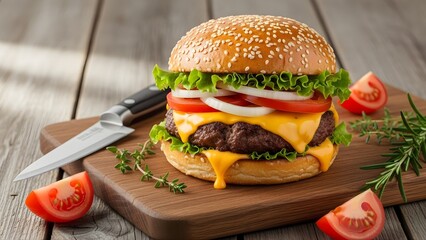 Delicious Cheeseburger with Melted Cheese, Fresh Vegetables on a Rustic Wooden Board.